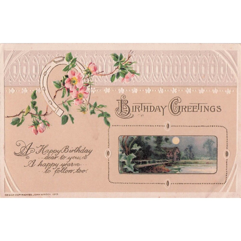 John Winsch 1913 Birthday Postcard Embossed Horseshoe Flowers Vintage decor art